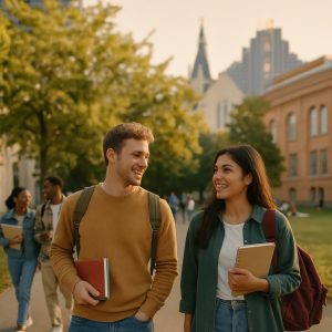 Zwei Studierende spazieren auf dem Campus